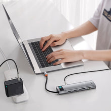 Заредете изображение във визуализатора на галерията – Baseus Metal Gleam 11in1 multifunctional HUB USB Type C - 3x USB 3.2 Gen 1 5Gbps / USB Type C PD 100W / 3,5 mm mini jack AUX / VGA Full HD 60Hz / 2x HDMI 4K 30Hz / TF and SD card reader / RJ45 1Gbps gray (CAHUB-CT0G) - TopMag
