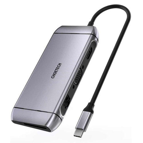 Choetech 9in1 multifunctional USB Type C HUB - 3x USB 3.2 Gen 1 / SD and TF memory card reader / HDMI 4K 30Hz / VGA Full HD 60Hz / USB Type C / RJ45 gray (HUB-M15 gray) - TopMag