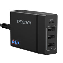 Заредете изображение във визуализатора на галерията – Choetech travel wall Charger 3x USB / 1X USB Type C 60W Power Delivery black (PD72-1C3U) - TopMag
