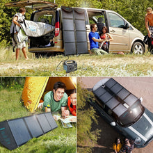 Заредете изображение във визуализатора на галерията – Choetech large foldable solar charger 80W solar photovoltaic USB Type C (Power Delivery) / 2x USB (Quick Charge / 2,4A) (158 x 41 cm) black (SC007) - TopMag
