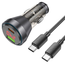 Заредете изображение във визуализатора на галерията – HOCO car charger USB QC 18W + Type C 30W with digital display + cable Type C to Type C PD48W NZ12B transparent black
