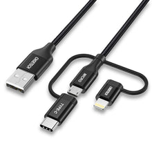 Заредете изображение във визуализатора на галерията – Choetech 3in1 MFI cable USB - USB Type C / micro USB / Lightning (charging 3A / data transmission 480 Mbps) 1.2m black (IP0030-BK) - TopMag
