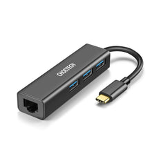 Заредете изображение във визуализатора на галерията – Choetech multifunctional HUB 4in1 USB Type C 3x USB 3.0 / Ethernet RJ-45 gray (HUB-U02BK) - TopMag
