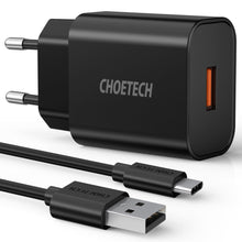 Заредете изображение във визуализатора на галерията – Choetech quick charger Quick Charge 3.0 18W 3A + USB cable - USB Type C 1m black (Q5003) - TopMag
