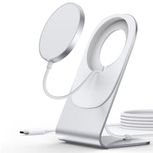 Заредете изображение във визуализатора на галерията – Choetech 15W Magnetic Qi Wireless Charger (MagSafe Compatible) White (T517-F) + Stand Holder Silver - TopMag
