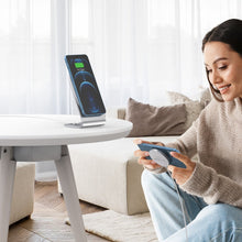 Заредете изображение във визуализатора на галерията – Choetech 15W Magnetic Qi Wireless Charger (MagSafe Compatible) White (T517-F) + Stand Holder Silver - TopMag
