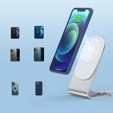 Заредете изображение във визуализатора на галерията – Choetech 15W Magnetic Qi Wireless Charger (MagSafe Compatible) White (T517-F) + Stand Holder Silver - TopMag
