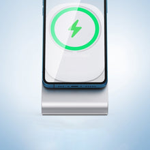 Заредете изображение във визуализатора на галерията – Choetech 15W Magnetic Qi Wireless Charger (MagSafe Compatible) White (T517-F) + Stand Holder Silver - TopMag
