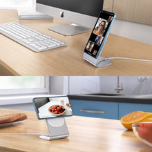 Заредете изображение във визуализатора на галерията – Choetech 15W Magnetic Qi Wireless Charger (MagSafe Compatible) White (T517-F) + Stand Holder Silver - TopMag
