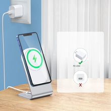 Заредете изображение във визуализатора на галерията – Choetech 15W Magnetic Qi Wireless Charger (MagSafe Compatible) White (T517-F) + Stand Holder Silver - TopMag
