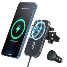 Заредете изображение във визуализатора на галерията – Choetech Car Kit Magnetic Mount Induction Qi Charger 15W (MagSafe Compatible) 1m Black (T200-F) + USB / USB Type C Car Charger - TopMag
