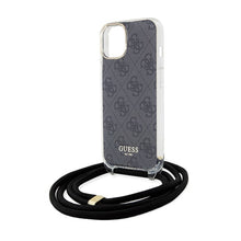 Заредете изображение във визуализатора на галерията – Original faceplate case GUESS GUHCP15SHC4SEK for iPhone 15 (Crossbody Cord 4G Print / black)
