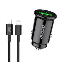 Заредете изображение във визуализатора на галерията – Dudao fast car charger with USB ports QC3.0 + Type C PD black + USB-C cable - Lightning 18W black (R3PRO) - TopMag
