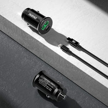 Заредете изображение във визуализатора на галерията – Dudao fast car charger with USB ports QC3.0 + Type C PD black + USB-C cable - Lightning 18W black (R3PRO) - TopMag
