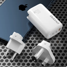 Заредете изображение във визуализатора на галерията – Dudao 3-port GaN charger 3in1 (EU, US, UK) 2 x Type C (PD) + USB (QC) 65W white (A7PRO) - TopMag
