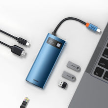 Заредете изображение във визуализатора на галерията – Baseus Metal Gleam 6in1 multifunctional USB Type C hub - USB Type C Power Delivery 100W / HDMI 4K 30Hz / 3x USB 3.2 Gen 1 / RJ45 1Gbps blue (WKWG000003) - TopMag
