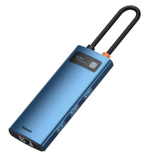 Заредете изображение във визуализатора на галерията – Baseus Metal Gleam 6in1 multifunctional USB Type C hub - USB Type C Power Delivery 100W / HDMI 4K 30Hz / 3x USB 3.2 Gen 1 / RJ45 1Gbps blue (WKWG000003) - TopMag
