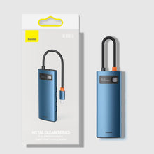 Заредете изображение във визуализатора на галерията – Baseus Metal Gleam 6in1 multifunctional USB Type C hub - USB Type C Power Delivery 100W / HDMI 4K 30Hz / 3x USB 3.2 Gen 1 / RJ45 1Gbps blue (WKWG000003) - TopMag
