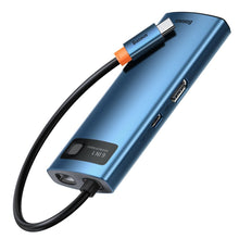 Заредете изображение във визуализатора на галерията – Baseus Metal Gleam 6in1 multifunctional USB Type C hub - USB Type C Power Delivery 100W / HDMI 4K 30Hz / 3x USB 3.2 Gen 1 / RJ45 1Gbps blue (WKWG000003) - TopMag
