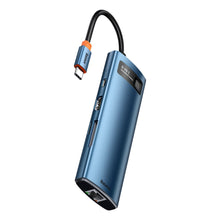 Заредете изображение във визуализатора на галерията – Baseus Metal Gleam 8in1 multifunctional HUB USB Type C - USB Type C Power Delivery 100W / HDMI 4K 30Hz / SD and microSD card reader / 3x USB 3.2 Gen 1 / RJ45 1Gbps blue (WKWG000103) - TopMag
