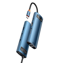 Заредете изображение във визуализатора на галерията – Baseus Metal Gleam 8in1 multifunctional HUB USB Type C - USB Type C Power Delivery 100W / HDMI 4K 30Hz / SD and microSD card reader / 3x USB 3.2 Gen 1 / RJ45 1Gbps blue (WKWG000103) - TopMag
