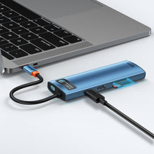 Заредете изображение във визуализатора на галерията – Baseus Metal Gleam 8in1 multifunctional HUB USB Type C - USB Type C Power Delivery 100W / HDMI 4K 30Hz / SD and microSD card reader / 3x USB 3.2 Gen 1 / RJ45 1Gbps blue (WKWG000103) - TopMag
