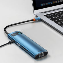 Заредете изображение във визуализатора на галерията – Baseus Metal Gleam 8in1 multifunctional HUB USB Type C - USB Type C Power Delivery 100W / HDMI 4K 30Hz / SD and microSD card reader / 3x USB 3.2 Gen 1 / RJ45 1Gbps blue (WKWG000103) - TopMag

