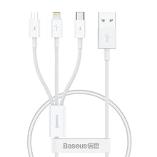Заредете изображение във визуализатора на галерията – BASEUS cable 3in1 Flash Series II USB A to Micro + Lightning 8-pin + Type C 3,5A 0,5m white P10320105221-01
