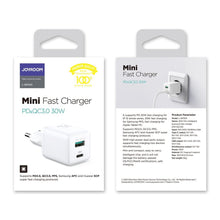 Заредете изображение във визуализатора на галерията – Joyroom charger (EU plug) USB / USB Type C 30W Power Delivery QuickCharge 3.0 AFC FCP white (L-QP303) - TopMag
