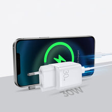 Заредете изображение във визуализатора на галерията – Joyroom charger (EU plug) USB / USB Type C 30W Power Delivery QuickCharge 3.0 AFC FCP white (L-QP303) - TopMag
