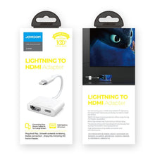 Заредете изображение във визуализатора на галерията – Joyroom adapter Lightning (male) to digital HDMI (female) + Lightning (female) FullHD 1080p 60Hz white (S-H141 white) adapter - TopMag
