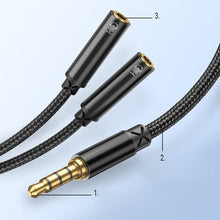 Заредете изображение във визуализатора на галерията – Joyroom headphones splitter audio cable AUX 3,5 mm mini jack (male) - 2x 3,5 mm mini jack (female) 0,2m black (SY-A04) - TopMag
