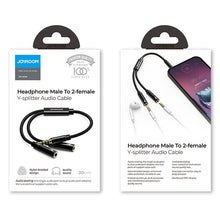 Заредете изображение във визуализатора на галерията – Joyroom headphones splitter audio cable AUX 3,5 mm mini jack (male) - 2x 3,5 mm mini jack (female) 0,2m black (SY-A04) - TopMag
