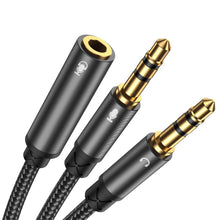 Заредете изображение във визуализатора на галерията – Joyroom AUX splitter cable 3.5 mm mini jack (female) - 2x 3.5 mm mini jack (male - microphone and headphones) 0.2 m black (SY-A05) - TopMag
