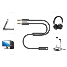 Заредете изображение във визуализатора на галерията – Joyroom AUX splitter cable 3.5 mm mini jack (female) - 2x 3.5 mm mini jack (male - microphone and headphones) 0.2 m black (SY-A05) - TopMag
