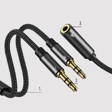 Заредете изображение във визуализатора на галерията – Joyroom AUX splitter cable 3.5 mm mini jack (female) - 2x 3.5 mm mini jack (male - microphone and headphones) 0.2 m black (SY-A05) - TopMag
