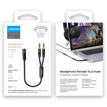 Заредете изображение във визуализатора на галерията – Joyroom AUX splitter cable 3.5 mm mini jack (female) - 2x 3.5 mm mini jack (male - microphone and headphones) 0.2 m black (SY-A05) - TopMag
