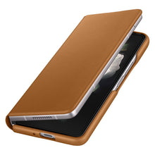 Заредете изображение във визуализатора на галерията – Samsung Leather Flip Cover Pouch Case for Samsung Galaxy Z Fold 3 Flip Case Stand Brown (EF-FF926LAEGWW) - TopMag
