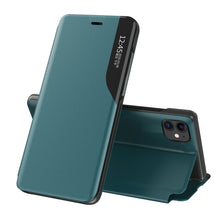 Заредете изображение във визуализатора на галерията – Eco Leather View Case elegant bookcase type case with kickstand for iPhone 13 Pro green - TopMag
