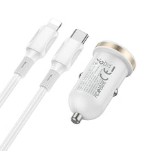 Заредете изображение във визуализатора на галерията – Borofone Car charger BZ22 Scenery - USB + Type C - QC 3.0 PD 30W with Type C to Lightning cable white

