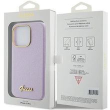 Заредете изображение във визуализатора на галерията – Guess Glitter Glossy Script case for iPhone 15 Pro - lilac

