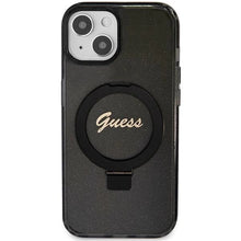 Заредете изображение във визуализатора на галерията – Guess Ring Stand Script Glitter MagSafe case for iPhone 14 / 15 / 13 - black
