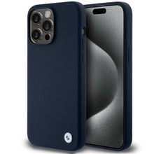 Заредете изображение във визуализатора на галерията – BMW Silicone Metal Logo case for iPhone 15 Pro - navy blue
