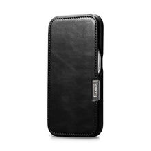 Заредете изображение във визуализатора на галерията – MagSafe Compatible Leather Flip Case for iPhone 15 Pro iCarer Curved Edge Oil Wax Real Leather Folio Case - Black

