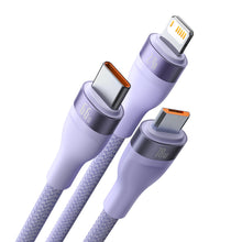Заредете изображение във визуализатора на галерията – Baseus Flash Series Ⅱ 3in1 Cable with Fast Charging USB-A to USB-C / Micro-USB / Lightning 66W 480Mb/s 1.2m Purple

