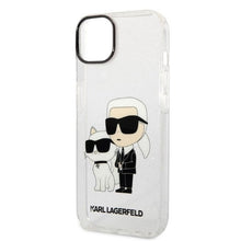 Заредете изображение във визуализатора на галерията – Original Pouch KARL LAGERFELD Gliter Karl&amp;Choupette KLHCP14SHNKCTGT for Iphone 14 transparent

