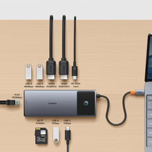 Заредете изображение във визуализатора на галерията – HUB 10in1 Baseus Metal Gleam Series II USB-C to HDMI 4K 120Hz / HDMI 4K 60Hz / USB-A 10Gb/s / 2xUSB-A 480Mb/s / USB-C 10Gb/s / RJ45 / SD / TF / USB-C PD - gray
