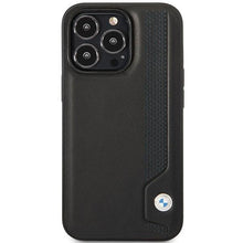 Заредете изображение във визуализатора на галерията – Case BMW BMHCP14X22RBDK iPhone 14 Pro Max 6.7" black/black hardcase Leather Blue Dots
