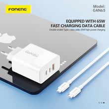 Заредете изображение във визуализатора на галерията – Foneng Wall charger GAN65 GaN - USB + 2xType C - PD 65W 3A with Type C to Type C white
