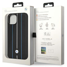 Заредете изображение във визуализатора на галерията – Case BMW BMHCP14S22RVSK iPhone 14 6.1" black/black hardcase Leather Stamp Blue Lines

